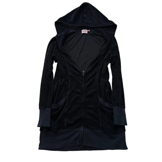 Vintage Juicy Couture Womens Black Terry Cloth Zip-Up Long Hoodie Pockets Size L