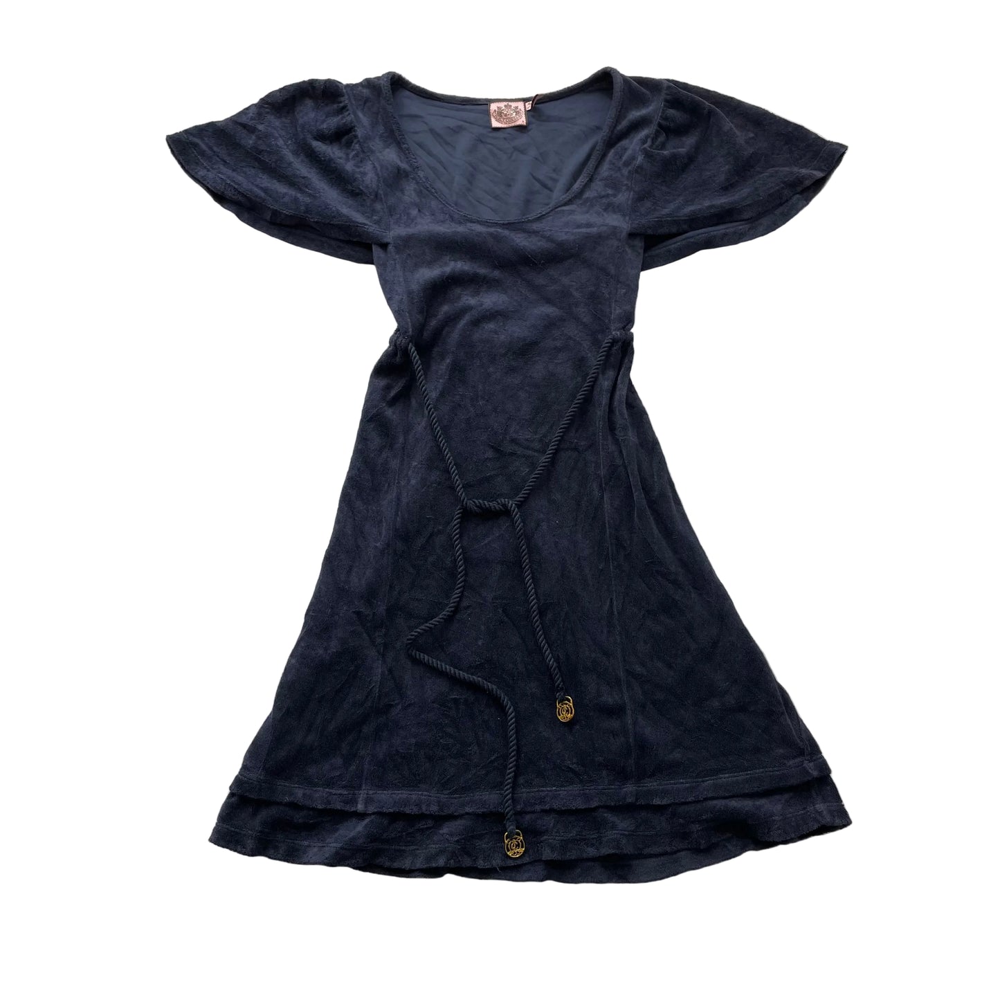 Juicy Couture Women Navy Terry Cloth Midi Dress Tie Waist Flutter Sleeves Size M