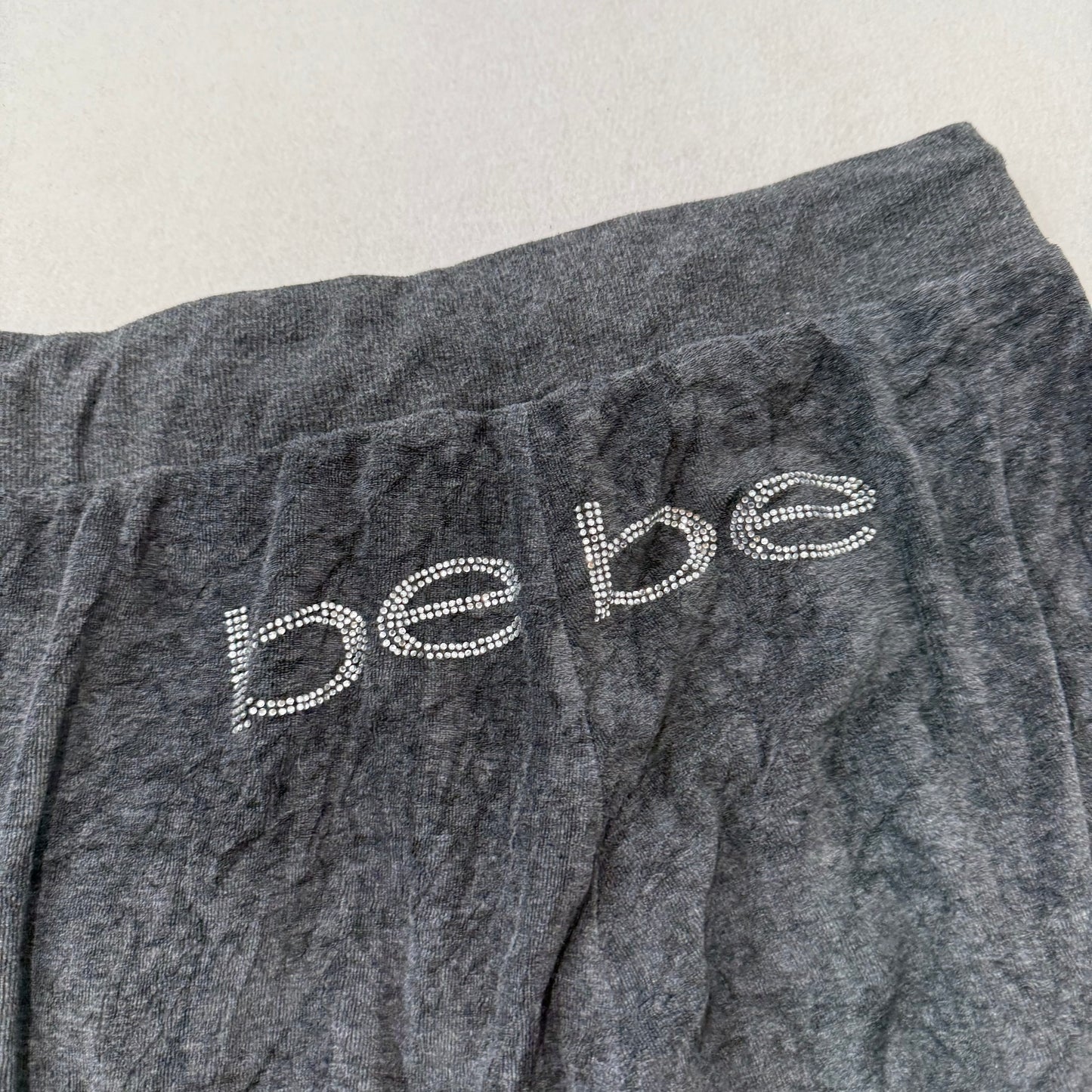 Bebe Women's Charcoal Gray Velour Flared Track Pant Rhinestones Logo Y2K Size S