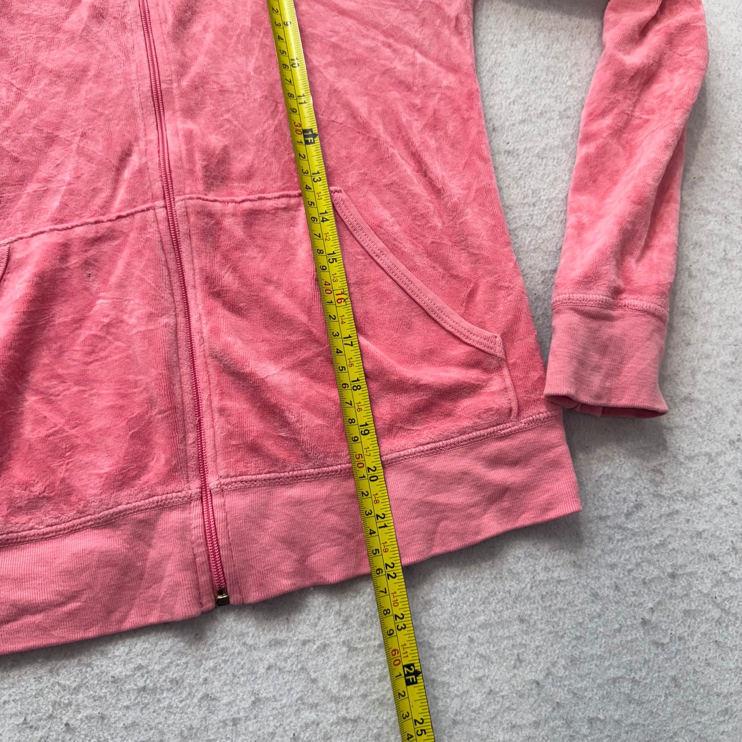 Vintage Juicy Couture Women's Pink Velour Full Zip Hoodie Graphic Pockets Size L