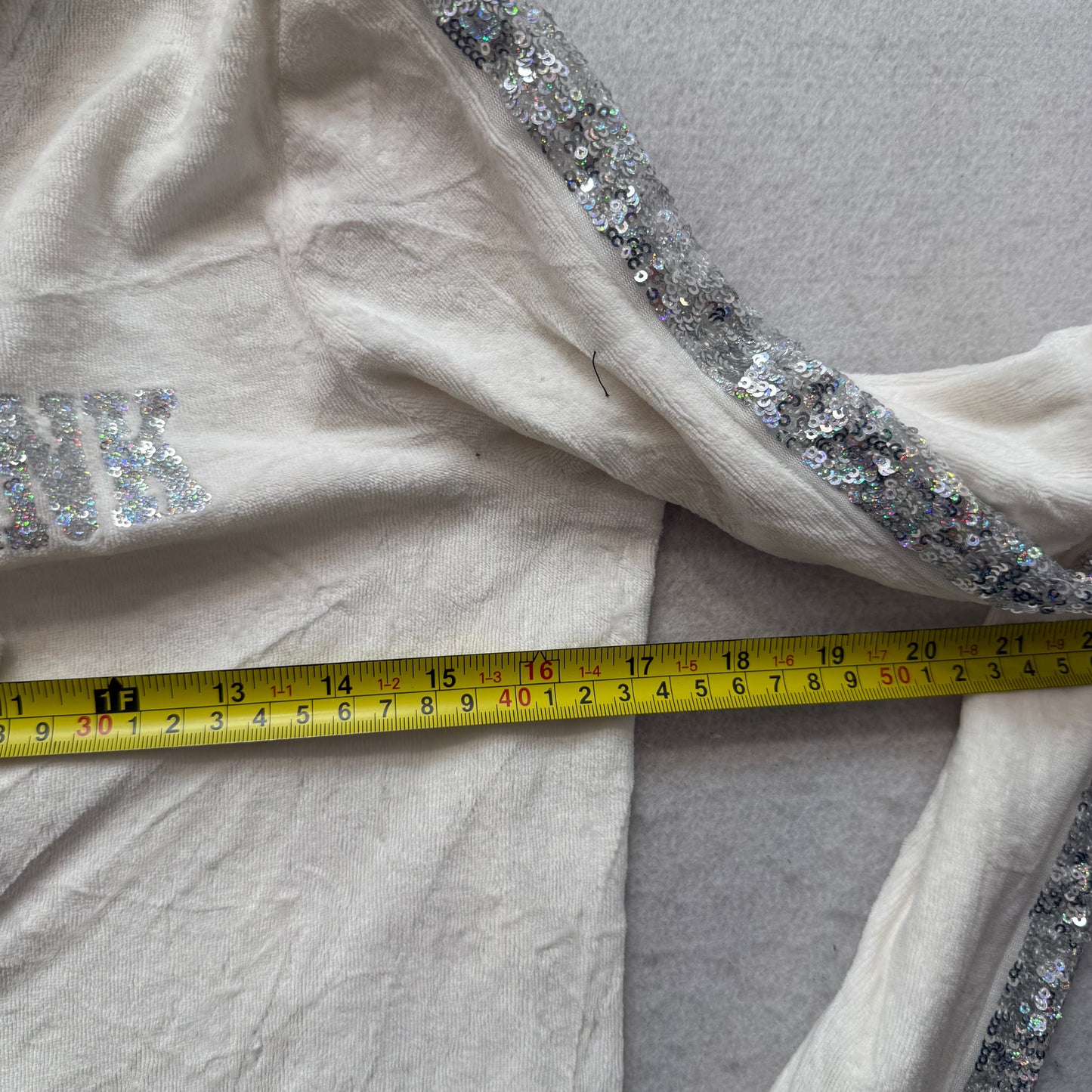 Victoria's Secret PINK Womens Off White Velour Hoodie Silver Sequin Logo Size XS