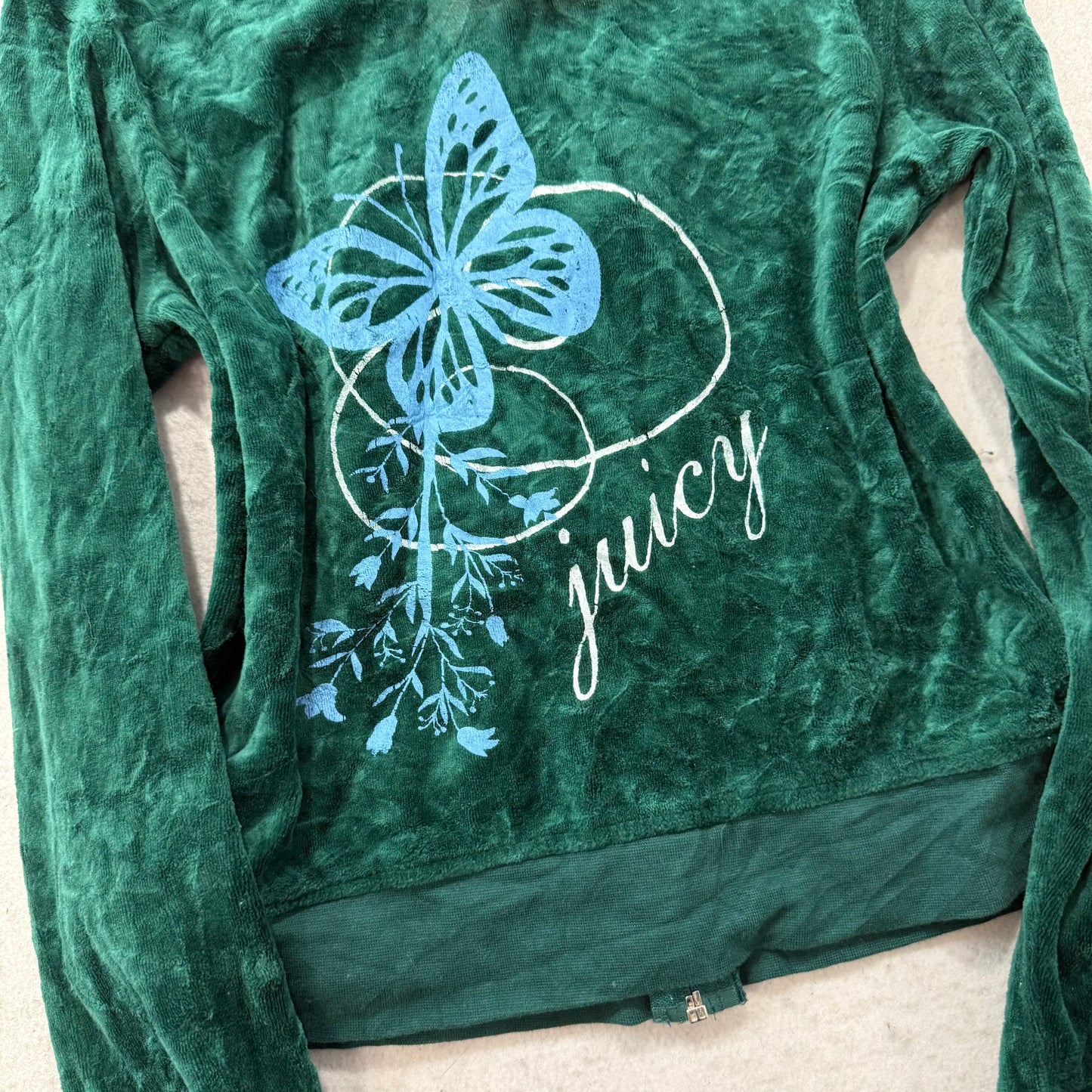 Vintage Juicy Couture Womens Dark Green Velour Zip Up Hoodie Graphic Logo Size S