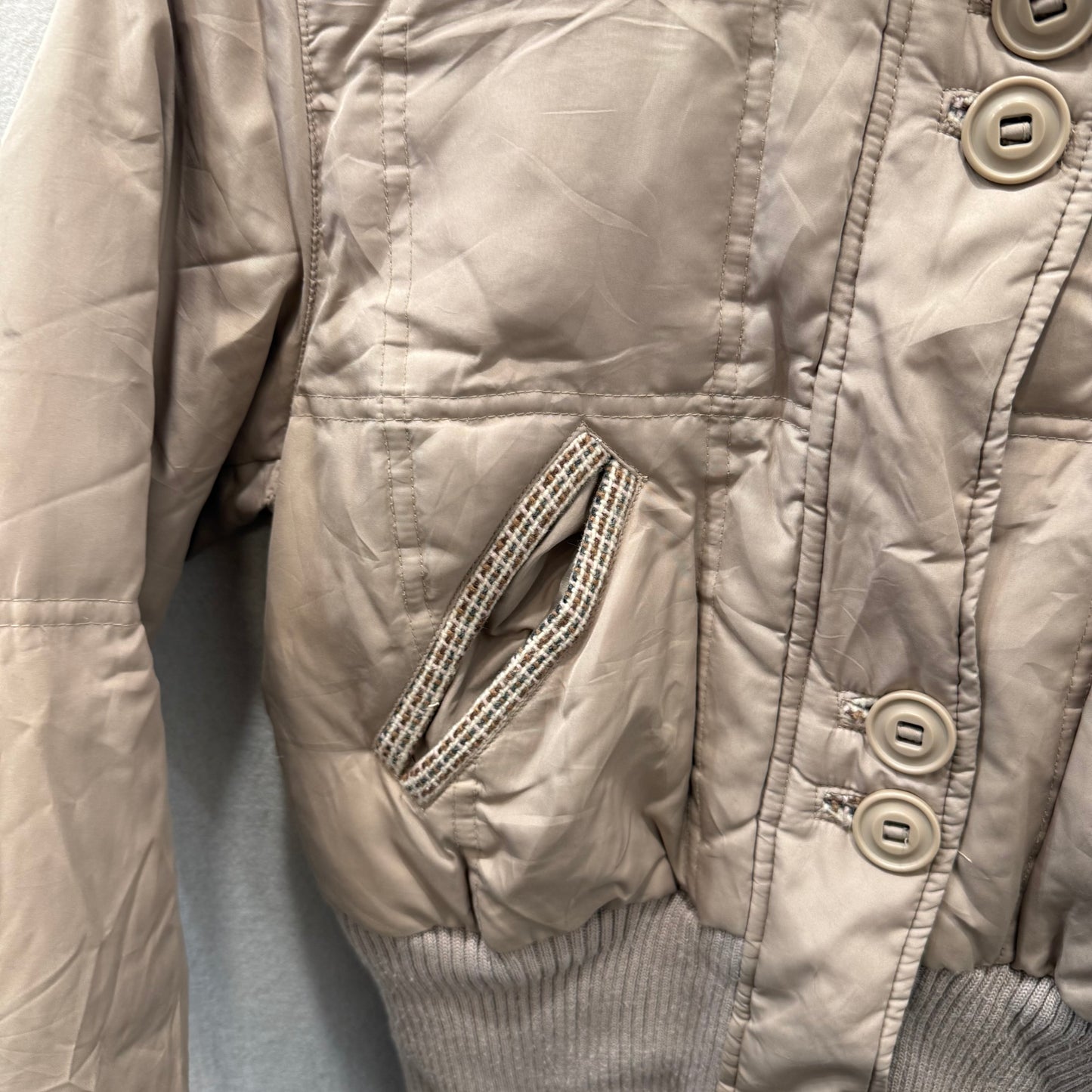Mudd Women's Beige Zipper Bomber Jacket Ribbed Cuffs Hem Faux Fur Hooded Size S