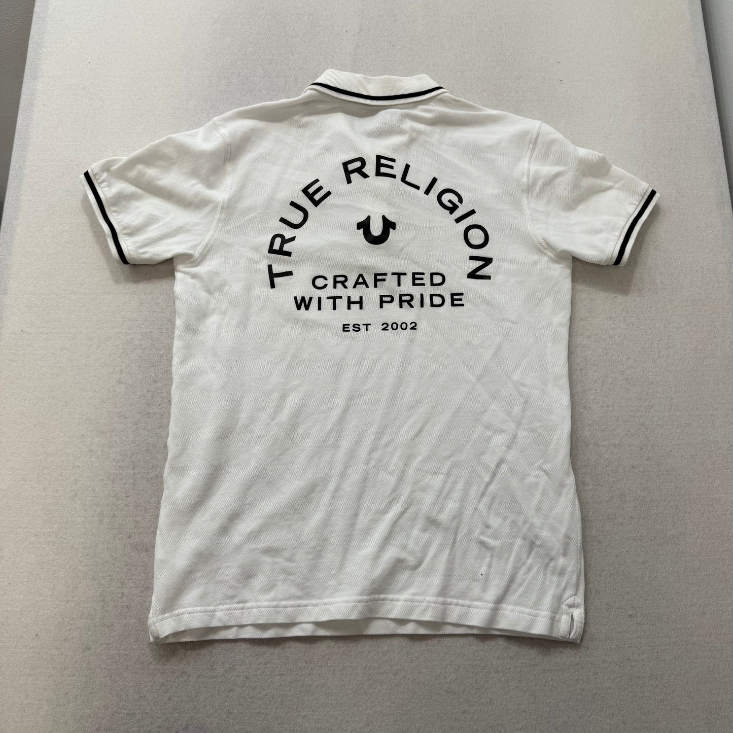 True Religion Men's White Cotton Polo Shirt Short Sleeves Horseshoe Logo Size S