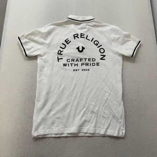 True Religion Men's White Cotton Polo Shirt Short Sleeves Horseshoe Logo Size S