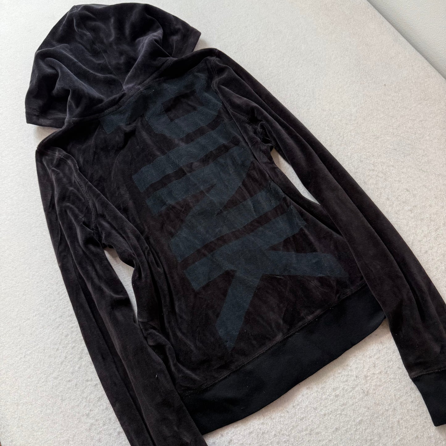 PINK Victoria's Secret Women's Black Velour Full Zip Hoodie Graphic Logo Size L