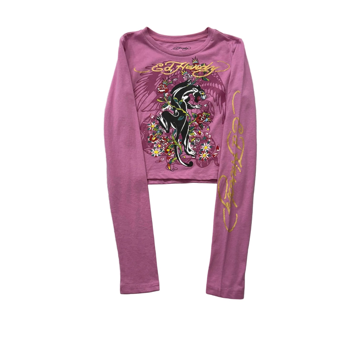 ED HARDY “Panther Rose” PINK LONG SLEEVE CROPPED BABY TEE