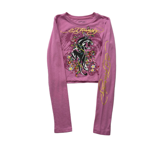 ED HARDY “Panther Rose” PINK LONG SLEEVE CROPPED BABY TEE