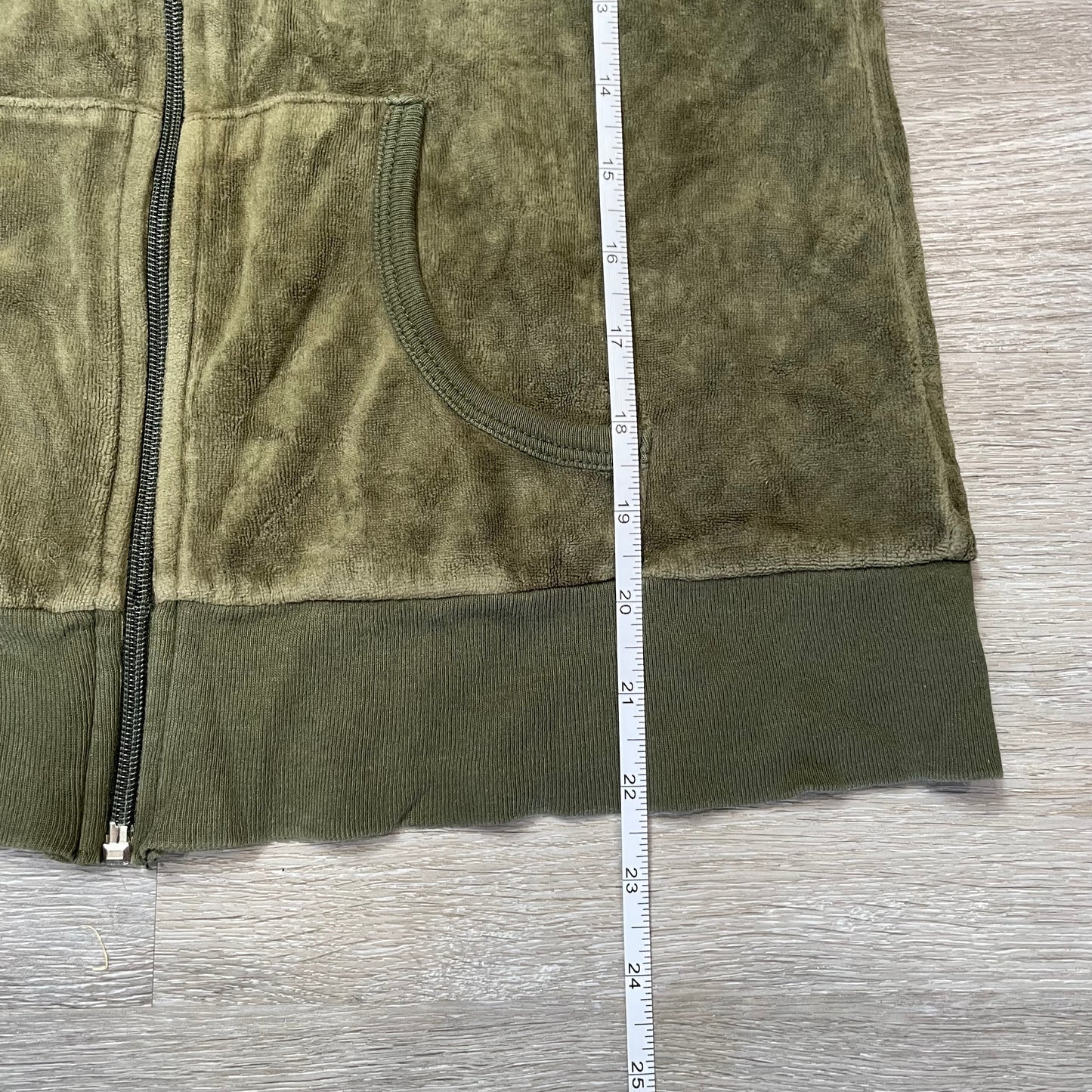 Vintage Juicy Couture Women's Olive Green Velour Zip-Up Hoodie Loungewear Size L