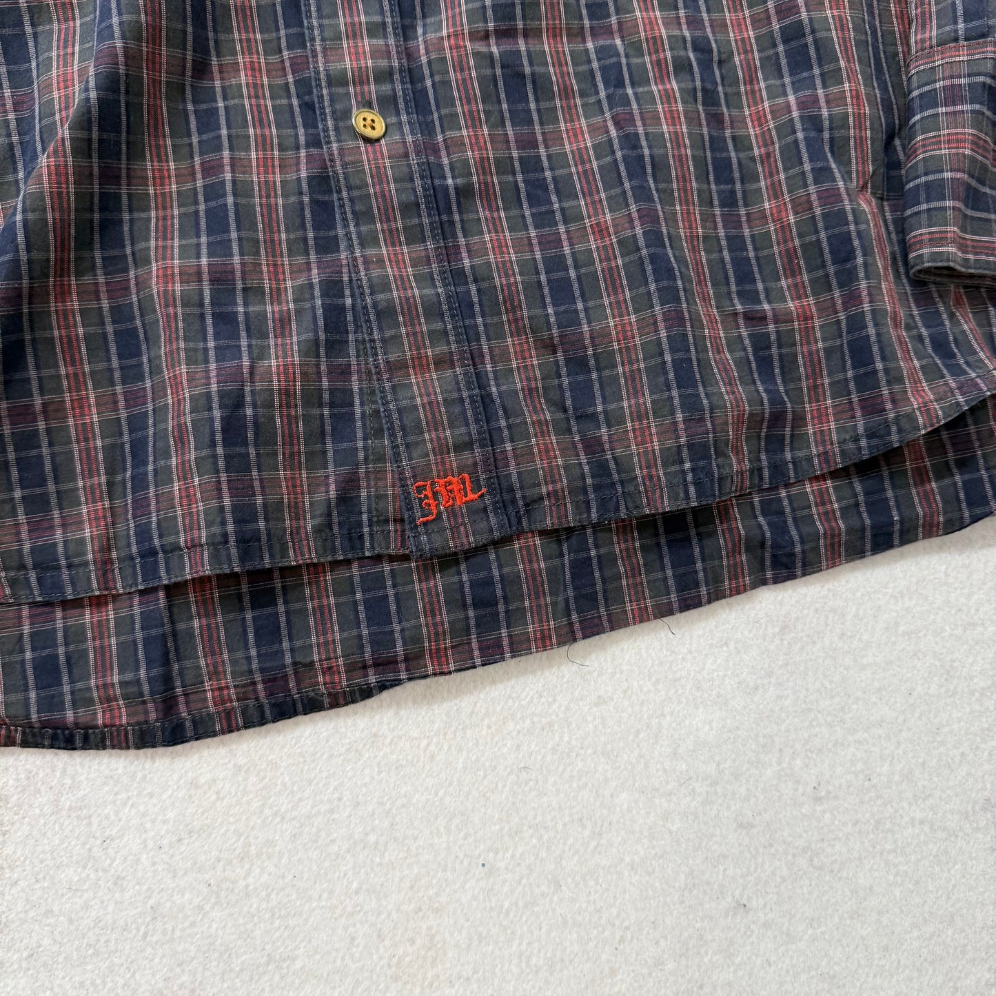 Vintage Juicy Couture Dirty English Plaid Button Up Gold Back Print XL Mens