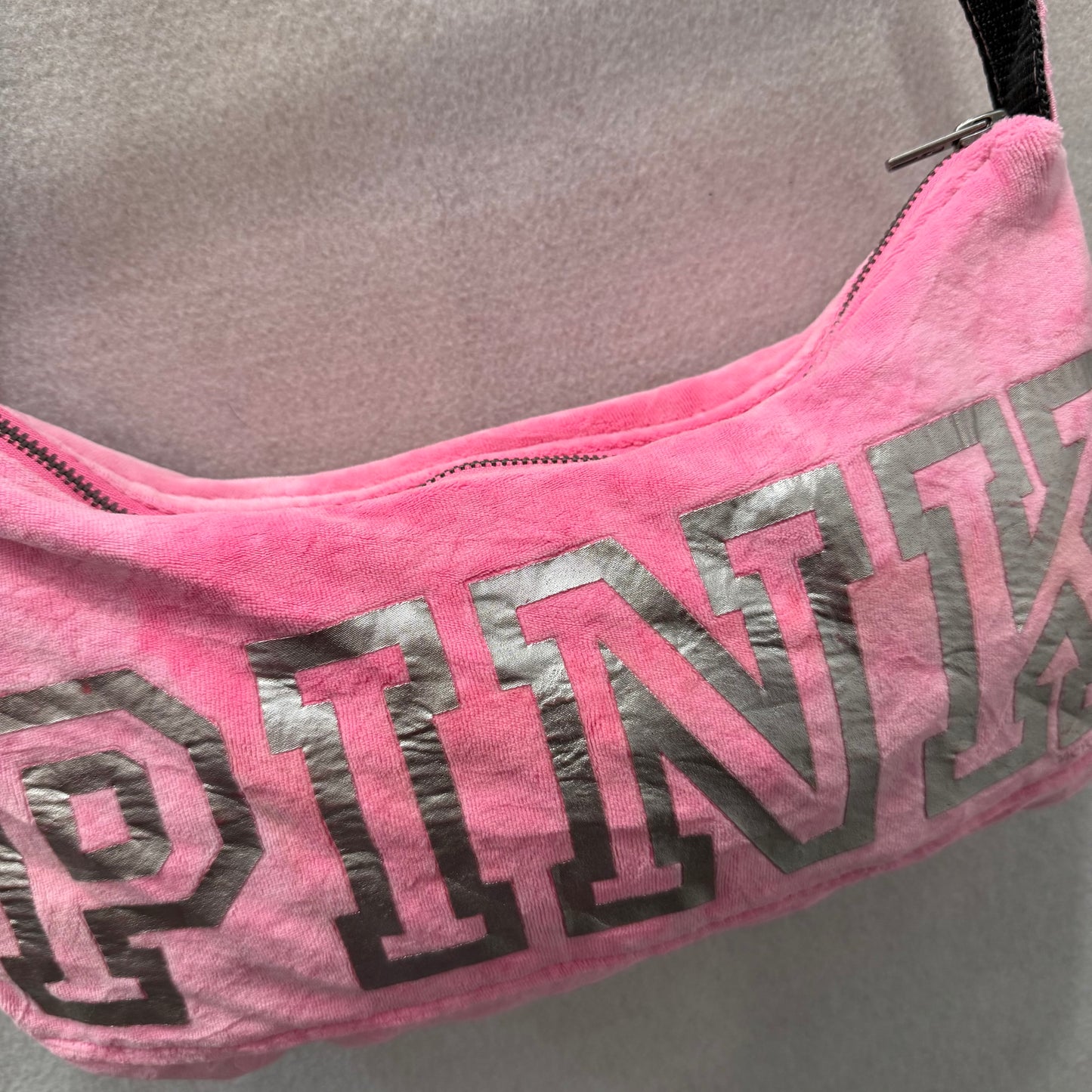 PINK Victoria's Secret Women's Pink Velour Graphic Logo Classic Y2k Shoulder Bag