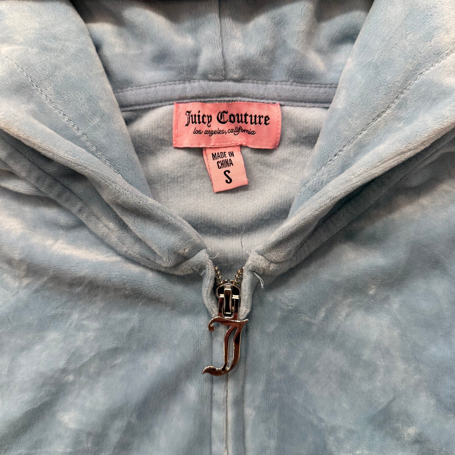 Juicy Couture Women's Light Blue Velour Zip-Up Cropped Hoodie Rhinestones Size S