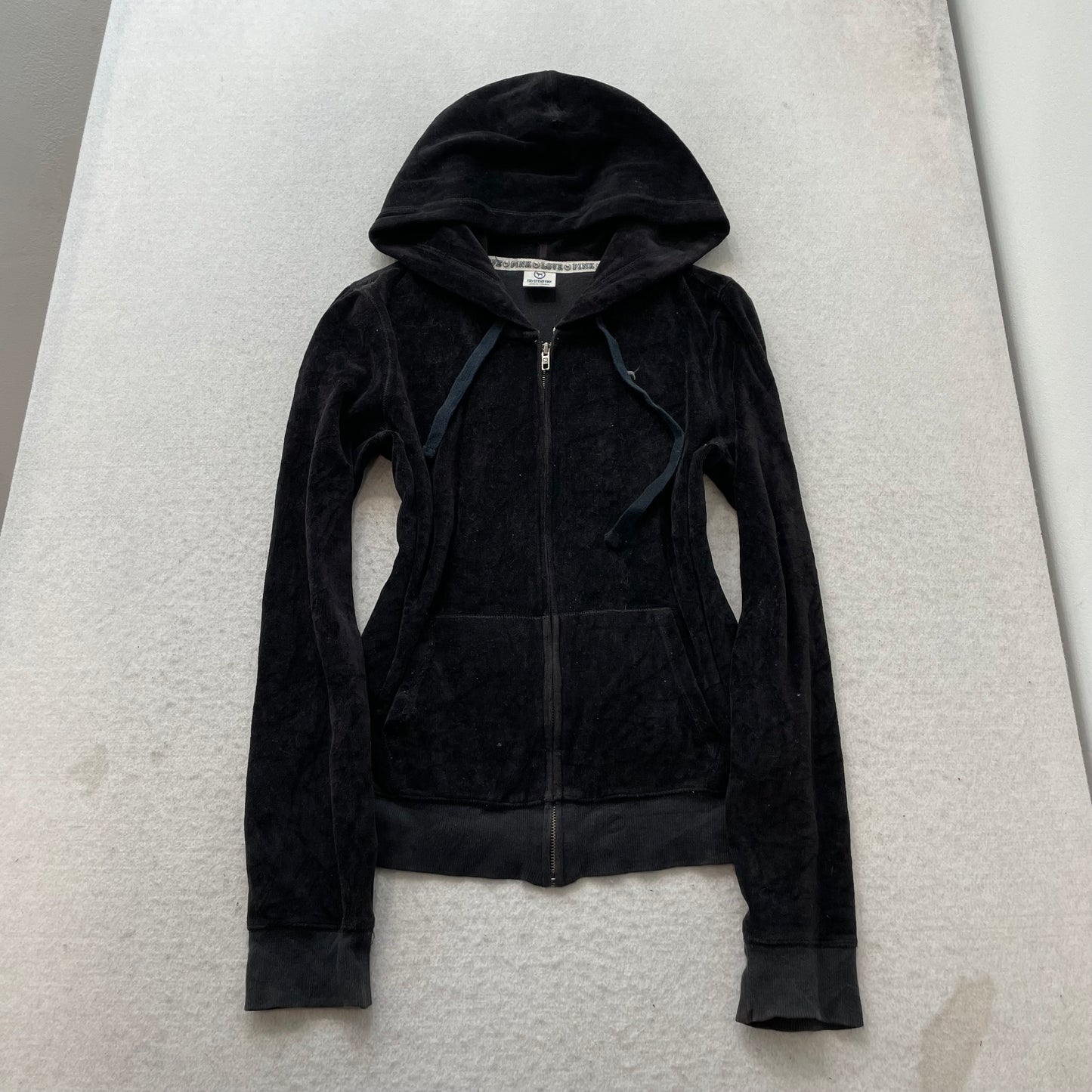 Victoria's Secret PINK Women's Black Zip-Up Hoodie Sequin Logo Drawstring Size L