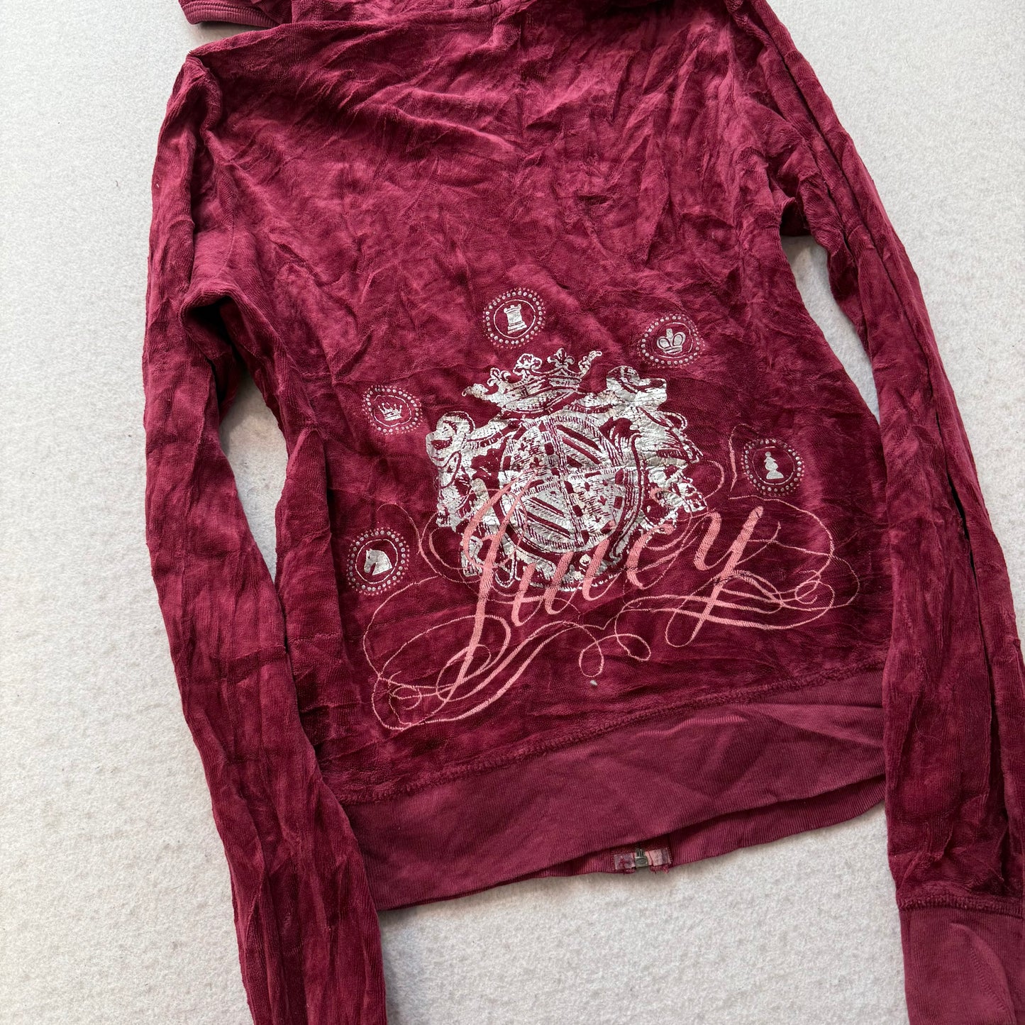 Vintage Juicy Couture Women's Burgundy Velour Zip Up Hoodie Graphic Logo Size L