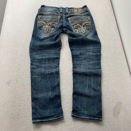 Rock Revival Joe Men's Blue Slim Straight Jeans Embroidered Flap Pockets Size 32