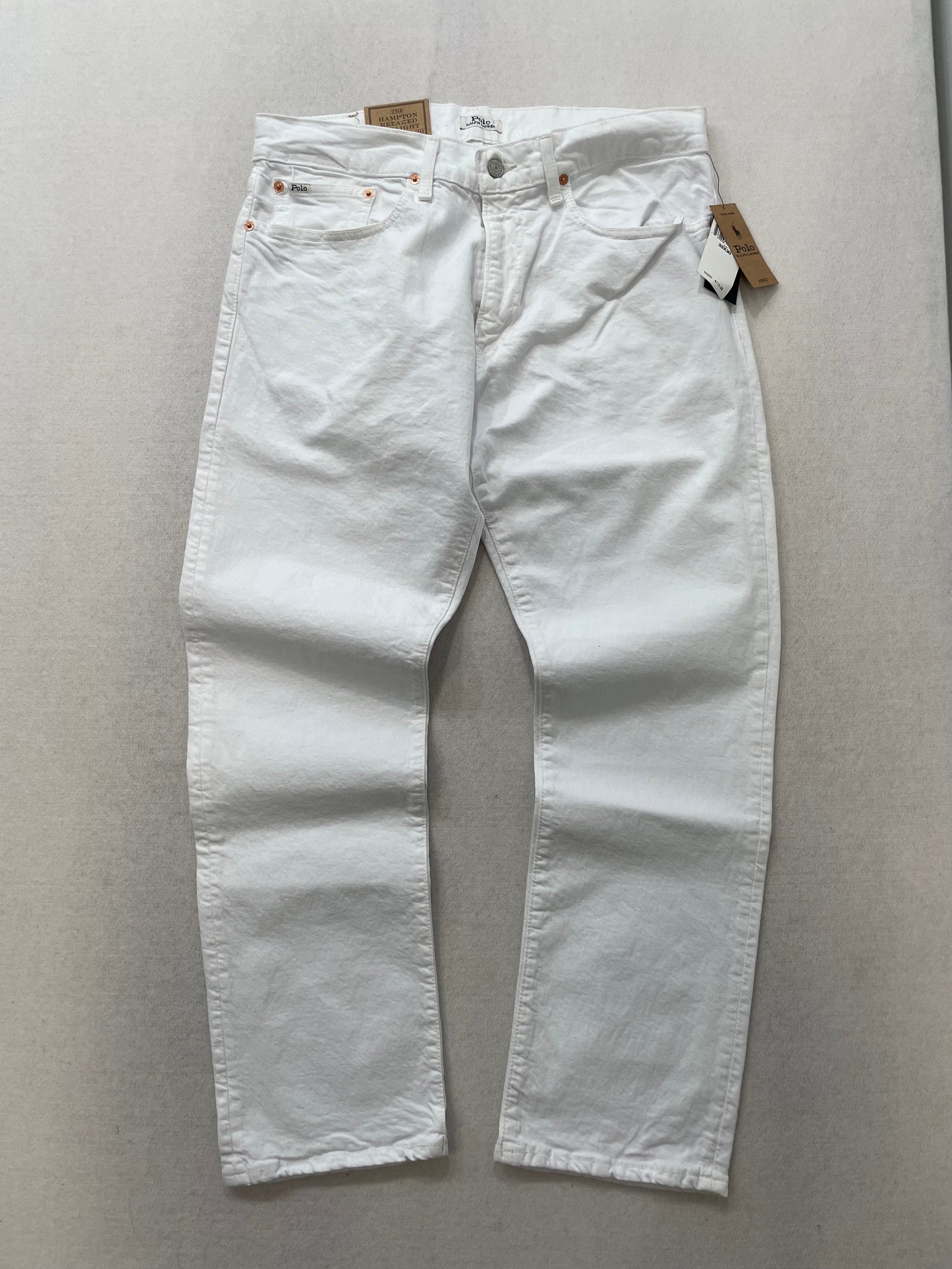Polo Ralph Lauren Hampton Relaxed Straight White Denim Jeans Leather Logo Patch Size 33x30