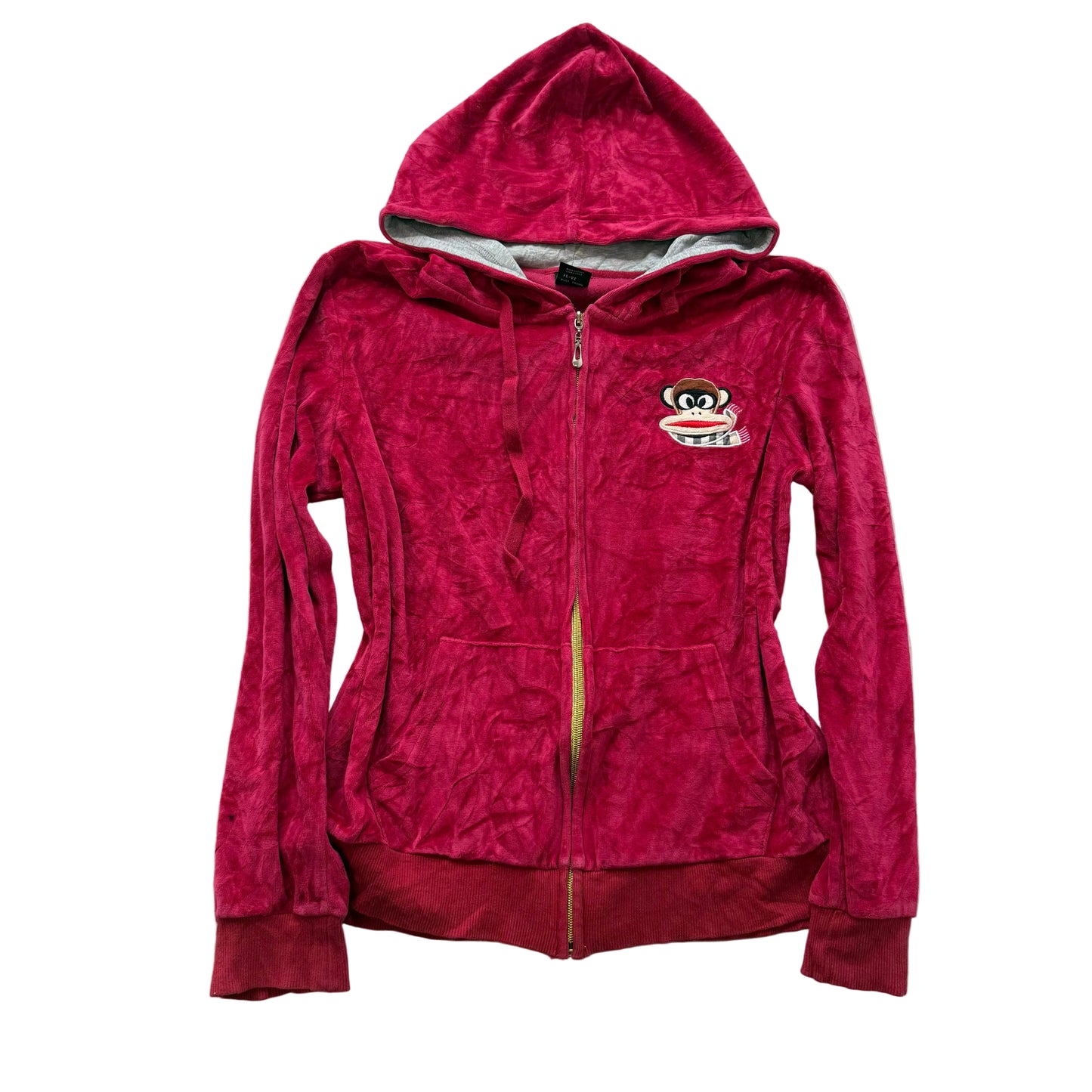 Pull Fronk Womens Cherry Red Velour Zip Up Hoodie Loungewear Monkey Logo Size XL
