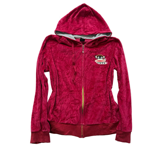 Pull Fronk Womens Cherry Red Velour Zip Up Hoodie Loungewear Monkey Logo Size XL