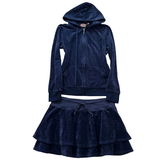 2003 Juicy Couture Women's Navy Velour Tracksuit Set Hoodie & Mini Skirt Size M