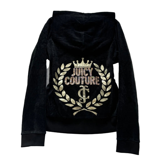 Juicy Couture Womens Black Velour Zip-Up Hoodie Sequin Graphic Crest Logo Size L