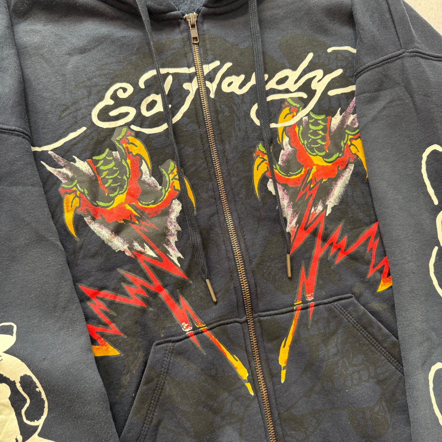 ED HARDY “Tiger Flame” SUNFADED NAVY BOXY ZIP UP HOODIE