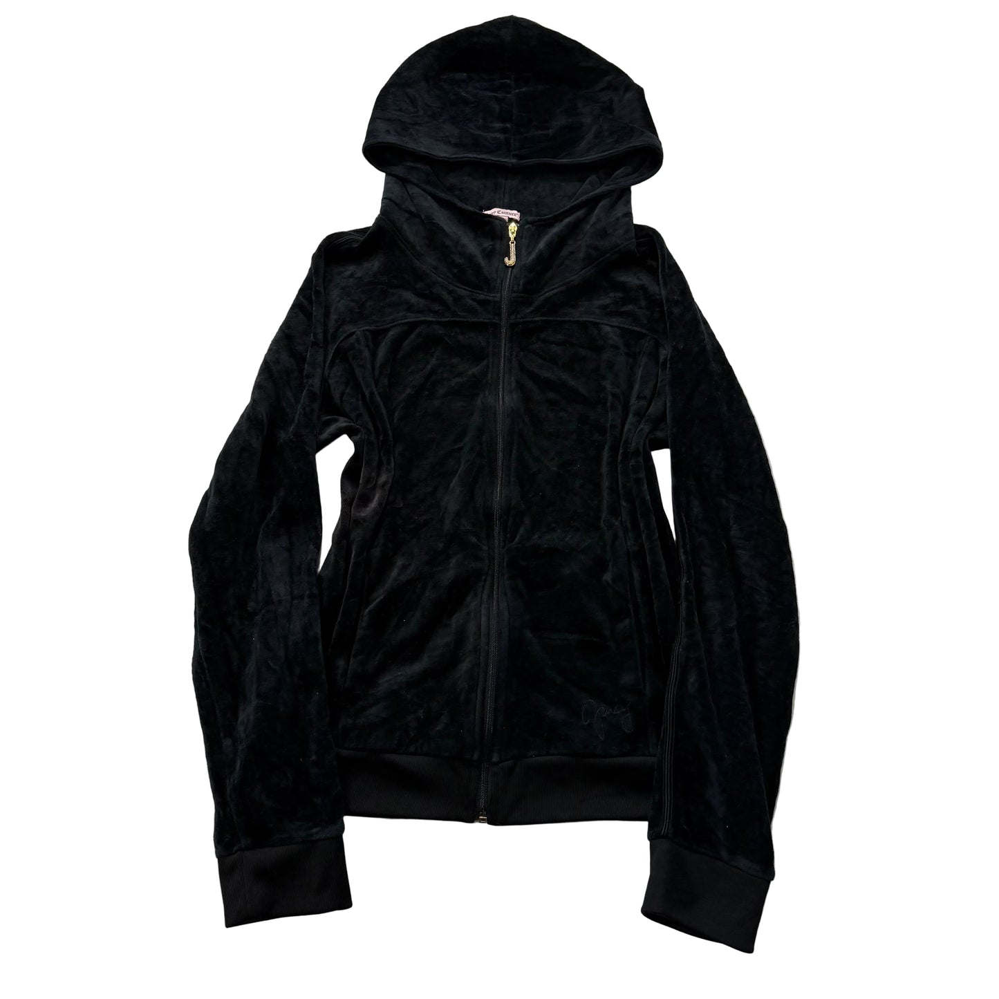 Juicy Couture Women's Black Velour Full Zip Hoodie Rhinestone Zip Pockets Size L