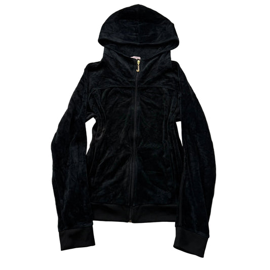 Juicy Couture Women's Black Velour Full Zip Hoodie Rhinestone Zip Pockets Size L