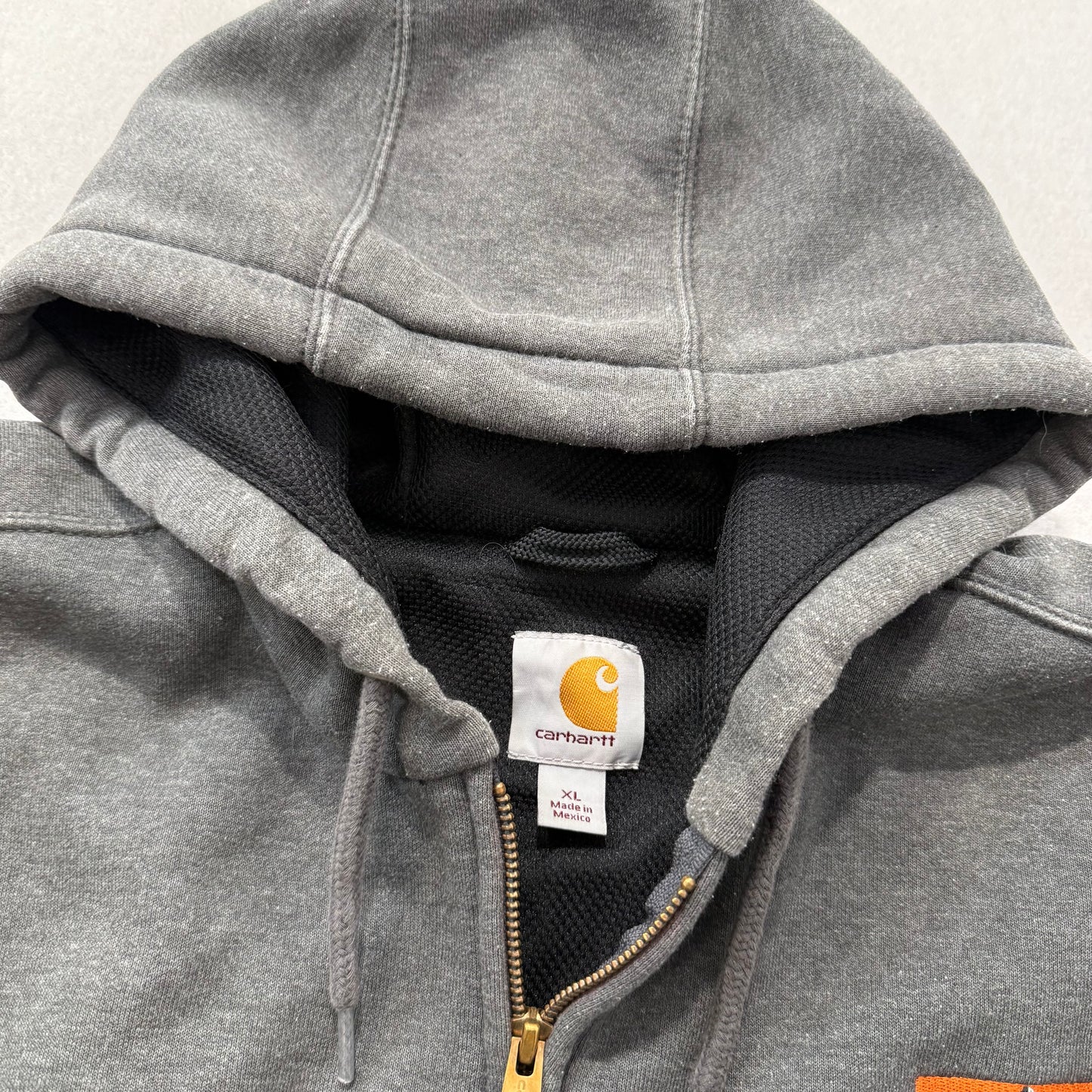Carhartt Men Dark Gray Cotton Full Zip Hoodie Split Kangaroo Pocket Logo Size XL