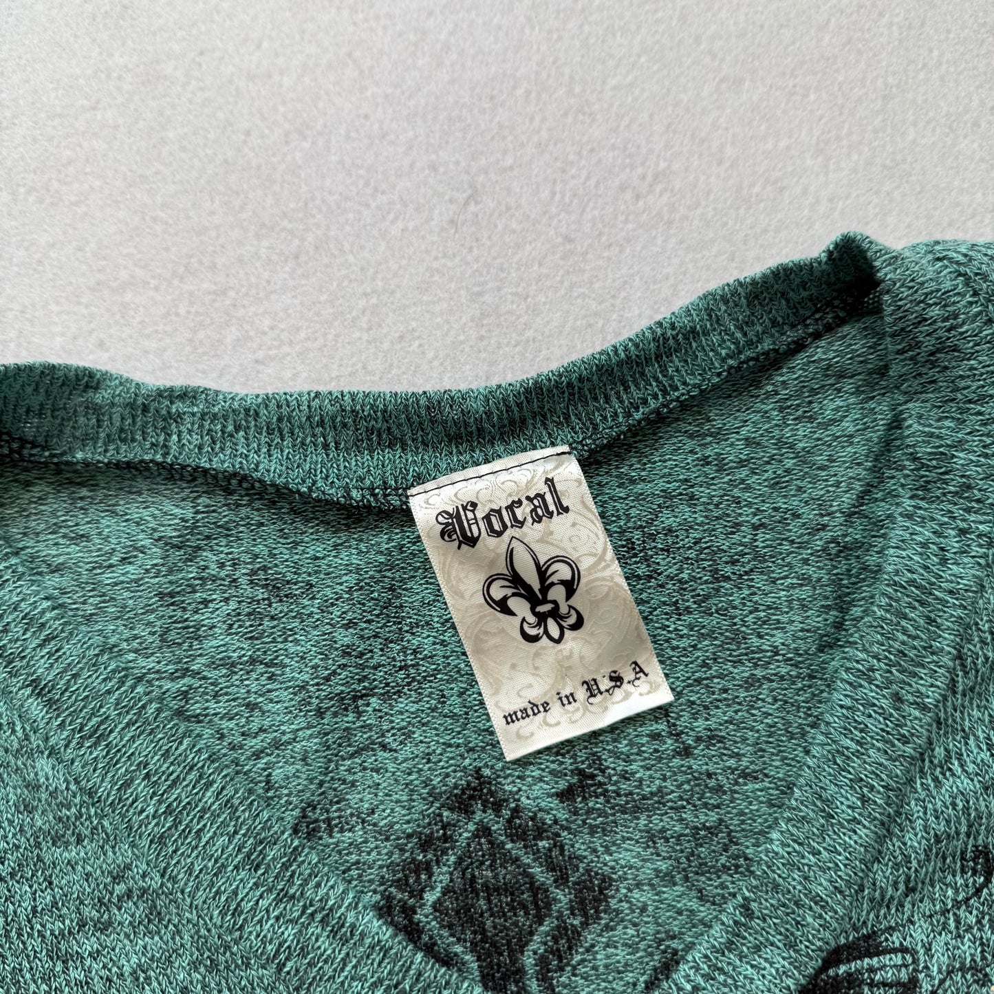 Vocal Women's Blue Green Cross Graphic V-Neck Top Rhinestone Stretch Size M