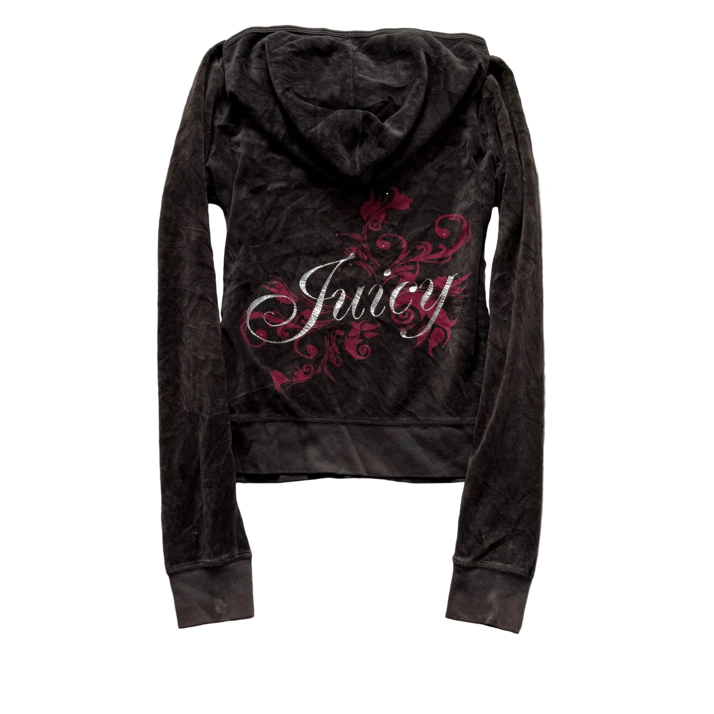 Vintage Juicy Couture Womens Chocolate Brown Velour Zip-Up Hoodie Graphic Size L