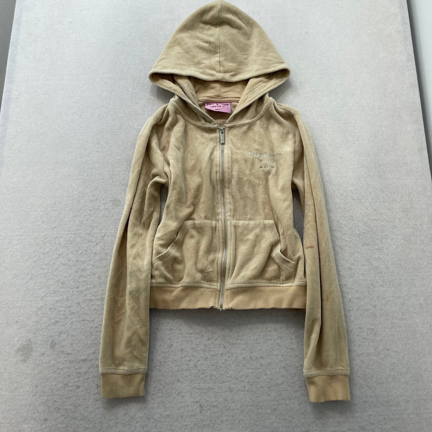 Juicy Couture Women's Tan Velour Full Zip Cropped Hoodie Rhinestones Logo Size S