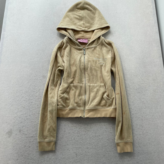Juicy Couture Women's Tan Velour Full Zip Cropped Hoodie Rhinestones Logo Size S