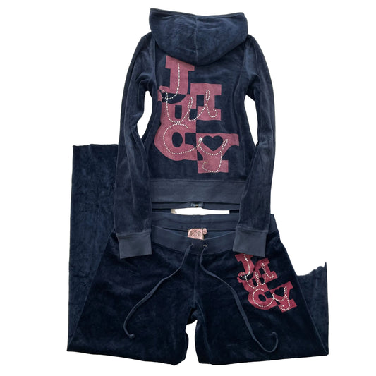 Juicy Couture Womens Navy Velour Tracksuit Set Hoodie & Pant Graphic Logo Size M