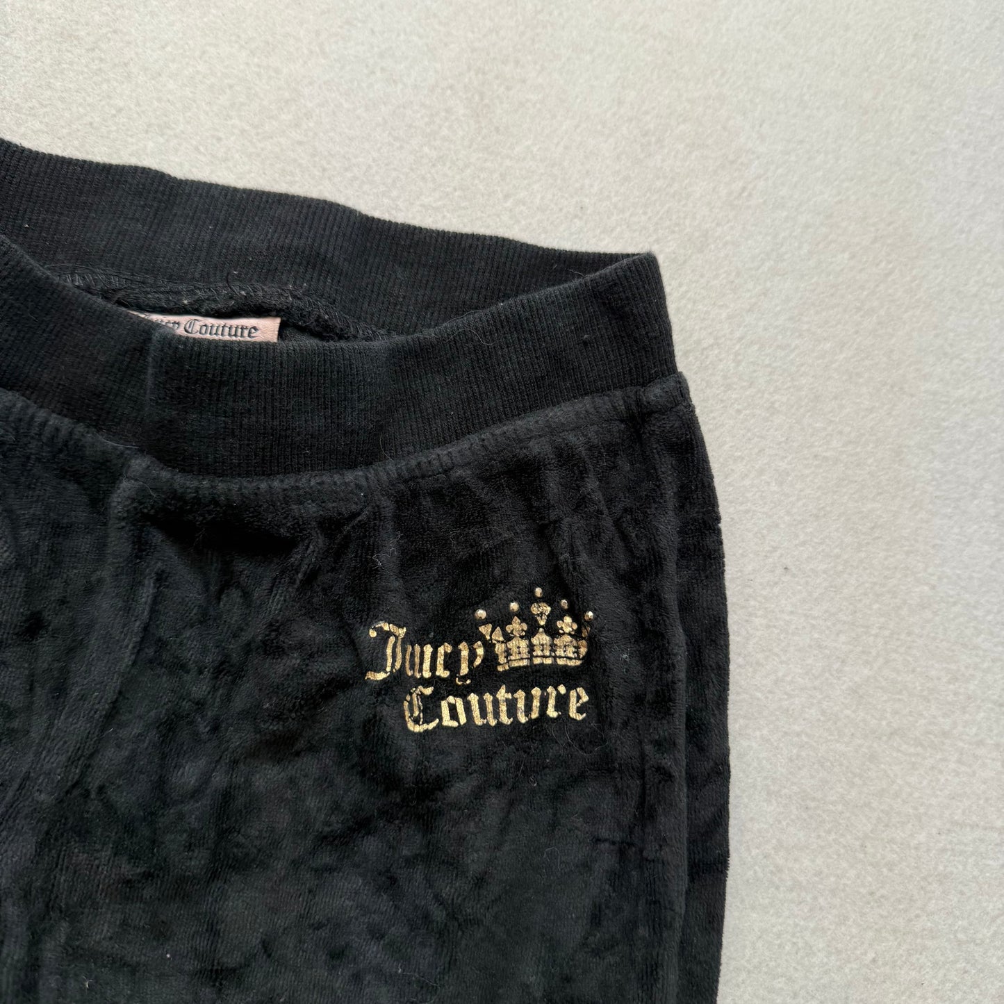 Juicy Couture Women's Black Velour Wide Track Pant Drawstring Crown Logo Size 12