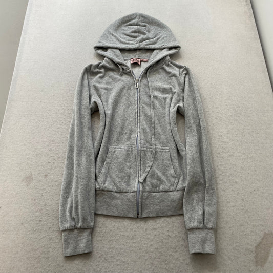 Vintage Juicy Couture Women's Gray Velour Zip-Up Hoodie Drawstring Pocket Size S