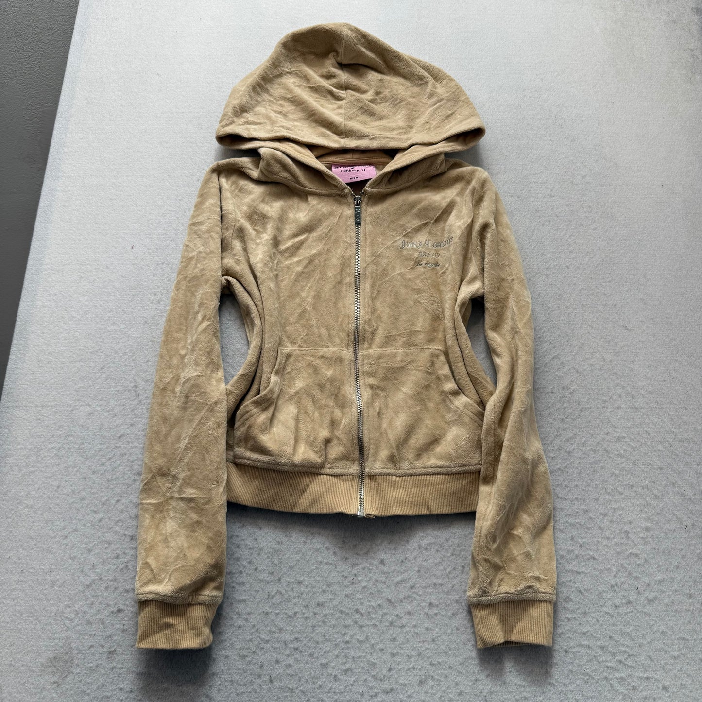 Juicy Couture Forever 21 Women Camel Velour Zip-Up Hoodie Rhinestone Logo Size M