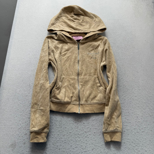 Juicy Couture Forever 21 Women Camel Velour Zip-Up Hoodie Rhinestone Logo Size M