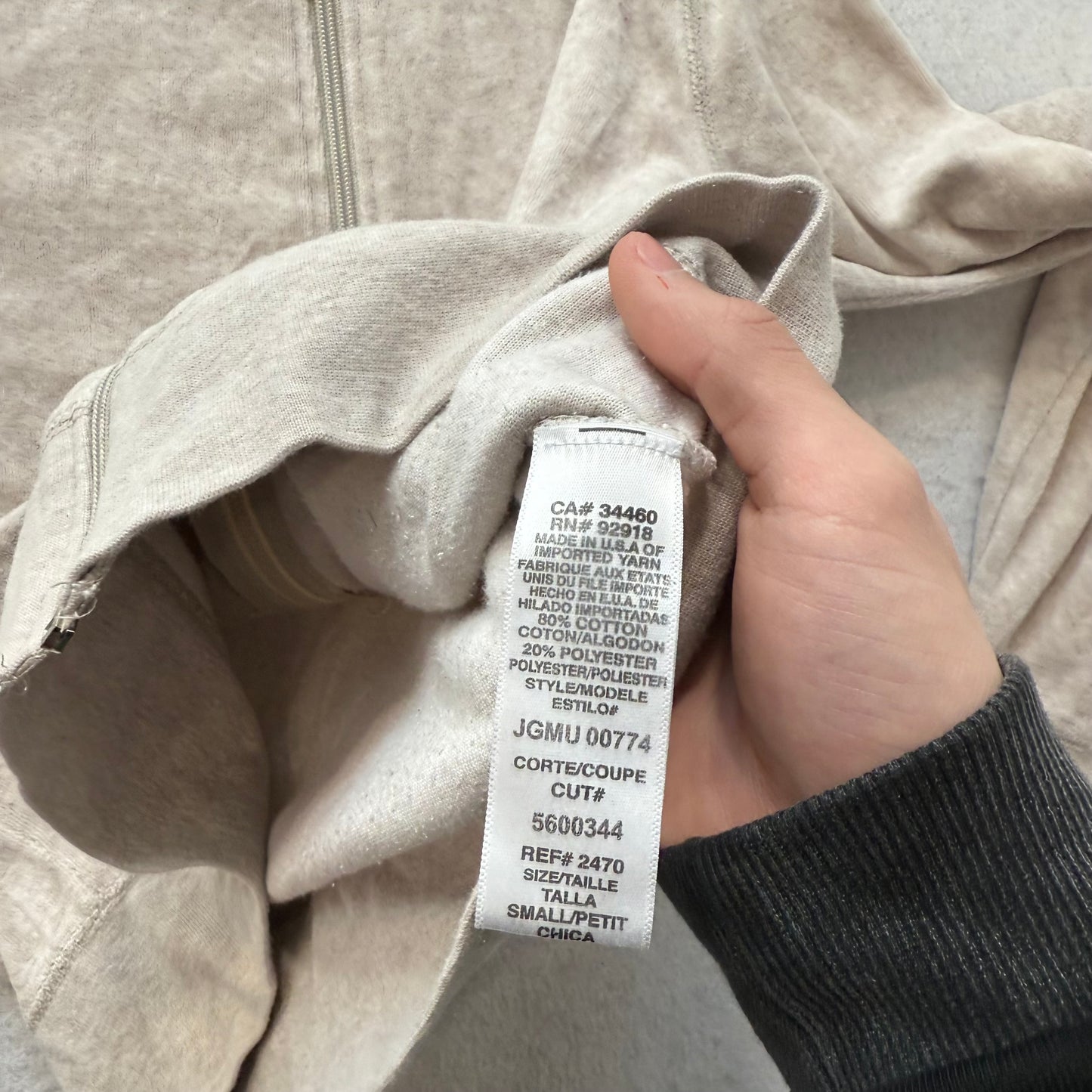 Vintage Juicy Couture Women's Light Taupe Velour Full Zip Hoodie Pockets Size S