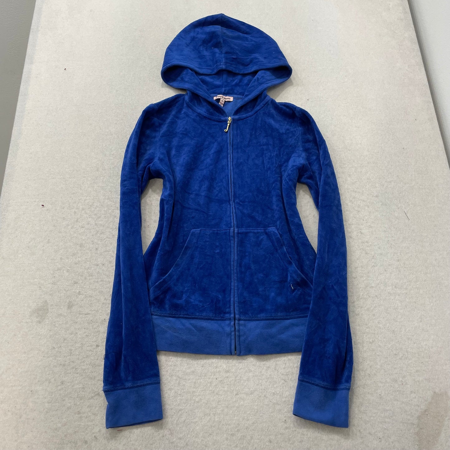 Juicy Couture Women's Cobalt Blue Velour Hoodie Crest Logo Graphic Pocket Size M