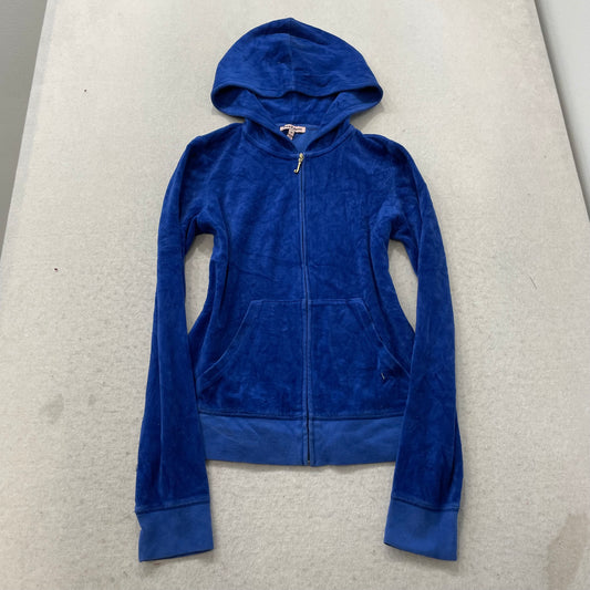 Juicy Couture Women's Cobalt Blue Velour Hoodie Crest Logo Graphic Pocket Size M