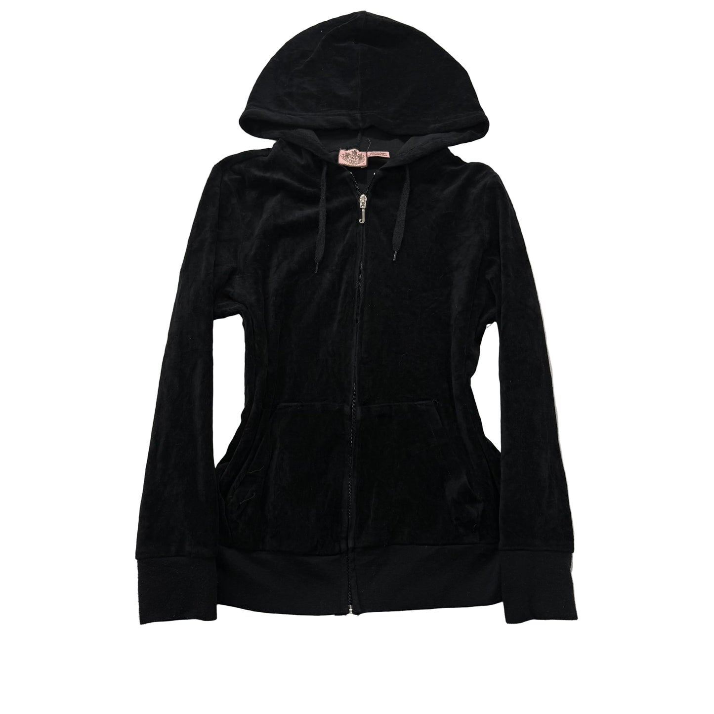 Vintage Juicy Couture Women Black Velour Zip-Up Hoodie Loungewear Pockets Size S