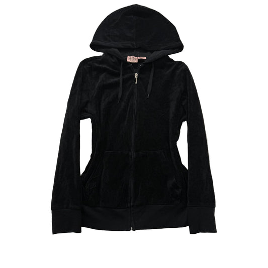 Vintage Juicy Couture Women Black Velour Zip-Up Hoodie Loungewear Pockets Size S
