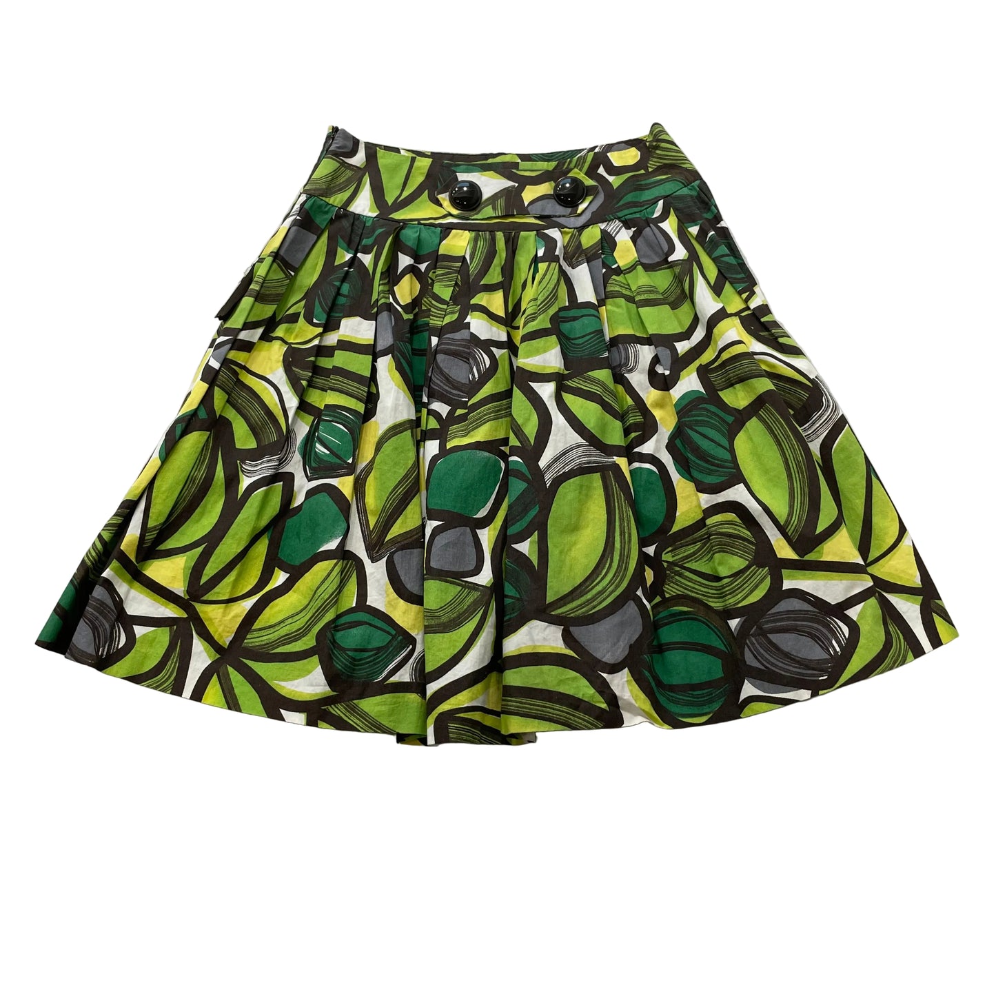 Zara Basic Women's Green Cotton Pleated A-Line Skirt Abstract Leaf Print Size S