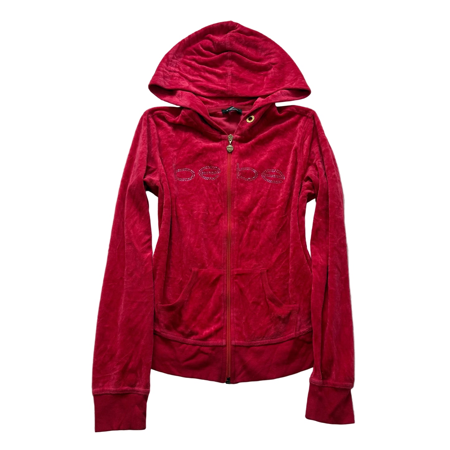 Bebe Women's Cherry Red Velour Full Zip Hoodie Rhinestones Logo Pockets Size M