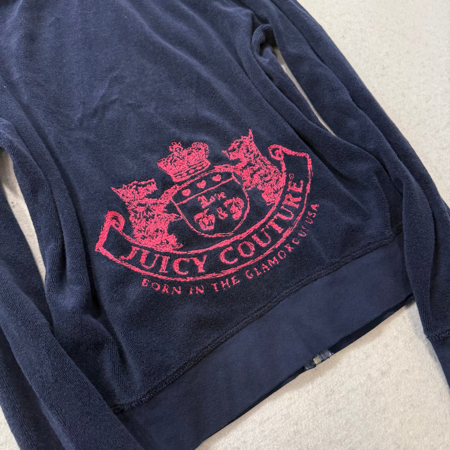 Juicy Couture Women's Navy Blue Terrycloth Full Zip Hoodie Graphic Logo Size XL