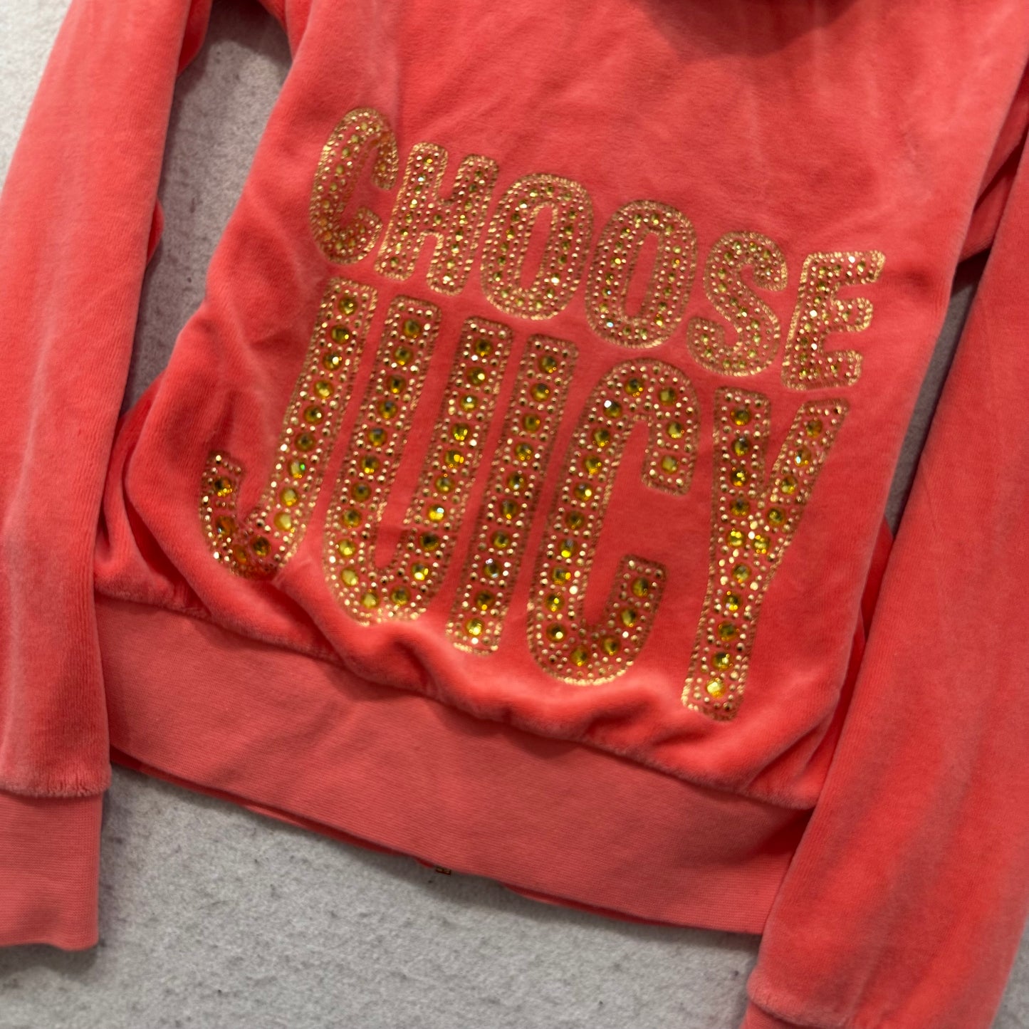 Juicy Couture “Choose Juicy” Women's Orange Velour Zip-Up Hoodie Rhinestone - S