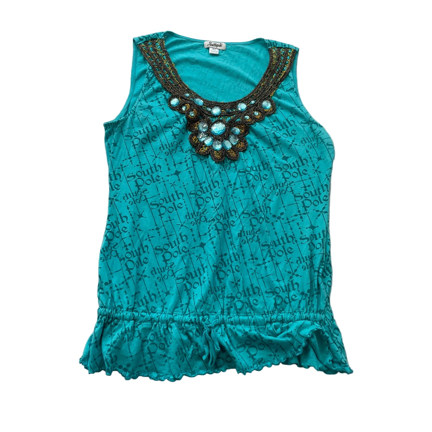Southpole Women's Teal Beaded Neck All Over Print Tank Top Cinch Y2K Size XL