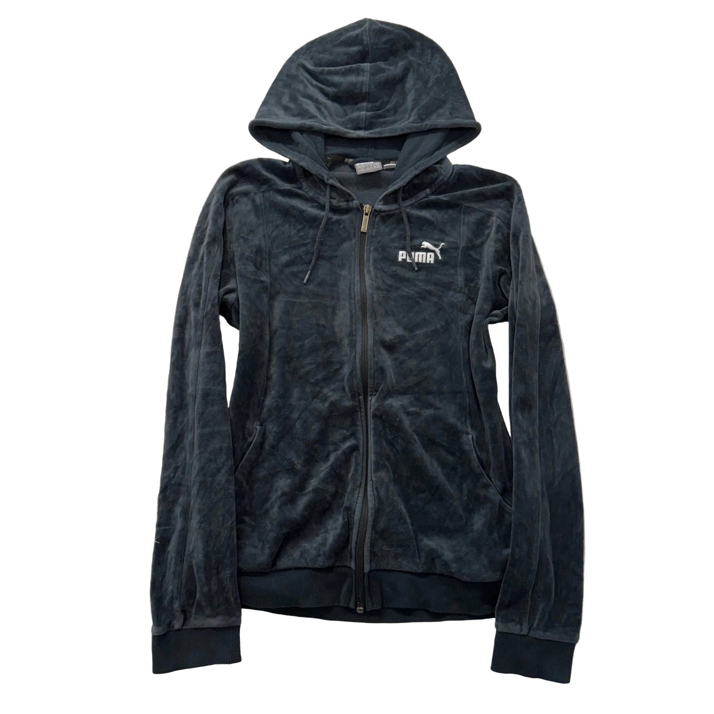 Puma Women's Charcoal Gray Velour Full Zip Hoodie Slash Pockets Logo Y2K Size L