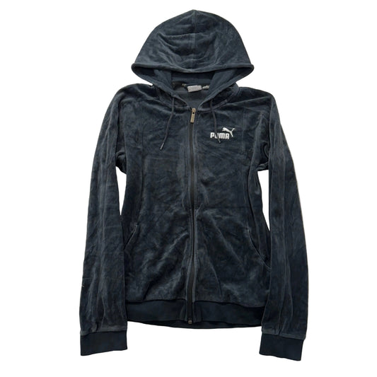Puma Women's Charcoal Gray Velour Full Zip Hoodie Slash Pockets Logo Y2K Size L
