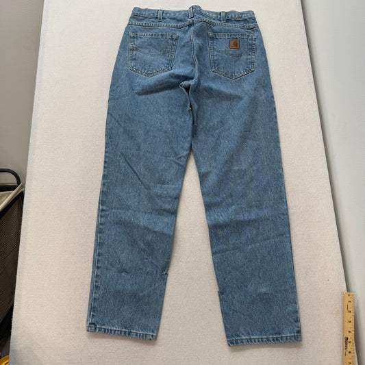 Carhartt Blue Denim Jeans Relaxed Fit Straight Leg Contrast Stitching Logo Patch Size 35x32